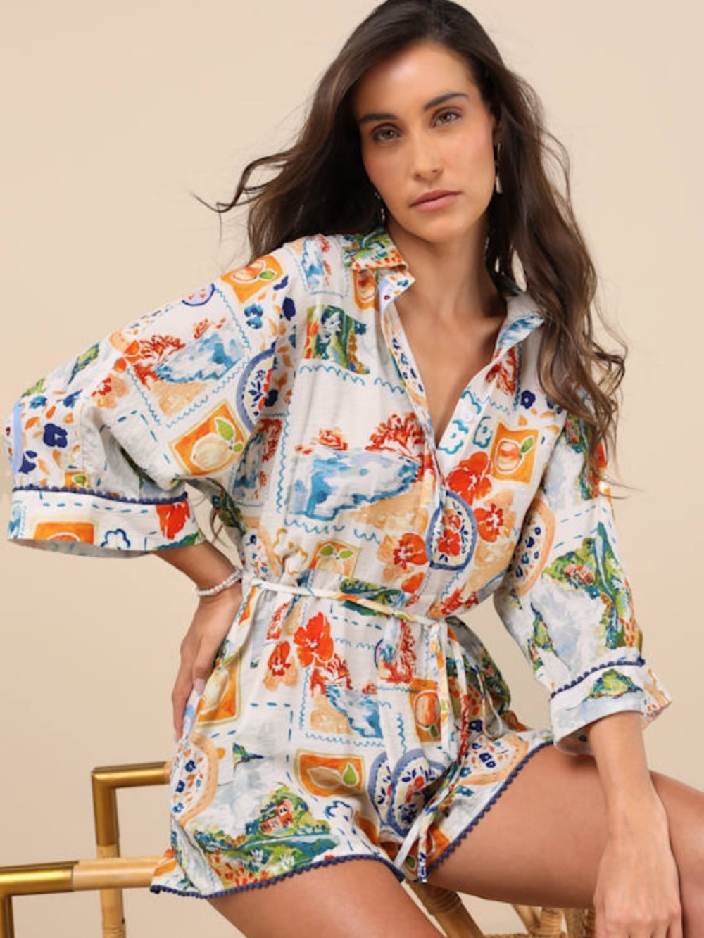 NWT - Lulus Azzurra Ivory Multi Print Three-quarter Sleeve Romper White - Size S